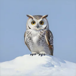 a painting of an owl sitting on top of a snowy hill, a surrealist painting by Yoshitaka Amano, behance contest winner, pop surrealism, lovecraftian, ukiyo-e, detailed painting