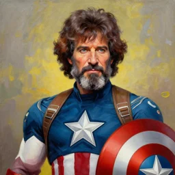 An oil painting of Bob Ross as Captain America; promotional art; trending on artstation