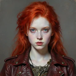 head and shoulders portrait of a young girl in a leather jacket, pale skin, red hair, vibrant color, steampunk, high detail, beautiful painting by artgerm and ruan jia and frank frazetta and norman rockwell and craig mullins