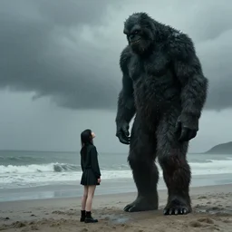 glitch girl and very very tall monster play on the beach, in the rain, style of hiroshi sugimoto, atmospheric by william morris w 7 0 4