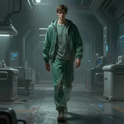concept art by greg rutkowski, a very tall and slender young man, dressed in green patient clothes and an open sweatshirt, wandering through a desolate futuristic hospital, dimly lit, frightening, scifi, highly detailed portrait, digital painting, artstation, concept art, smooth, sharp foccus ilustration, artstation hq