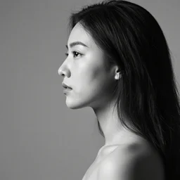 a side profile portrait of a woman. contrast. black and white.