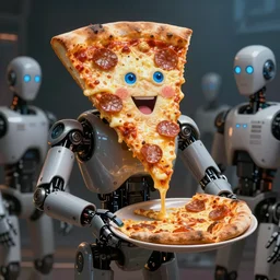 dystopian art, a pizza slice robot dictator delivering a propaganda speech to human robots