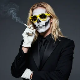man with black suit, yellow glasses, cigarette, skull make - up, white leather gloves, long blonde hair