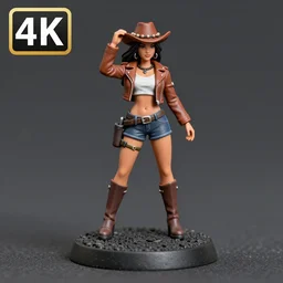 80mm resin detailed miniature of a cow girl, Short brown leather jacket, hot-pants, olive thigh skin, ten-gallon hat, on textured disc base; Miniature product Introduction Photos, 4K, Full body