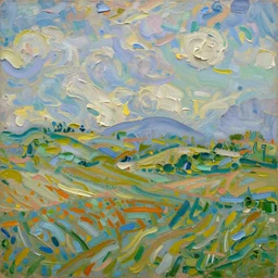 oil paint impasto relief of the rolling sussex downs inspired by monet and van gogh, painted with thick heavy expressive paint and cumulus clouds, less thick expressive paint crudely pointillist in parts, some splattered paint