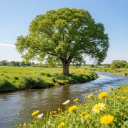 the great tree, meandering waters, flowers close up in foreground, sunshine clear day, max rive, 4 k, instagram, landscape, hdr
