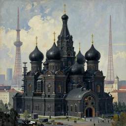imperial russia cyberpunk city of black domes and radio spires in the style of MC Escher and impressionist 4k