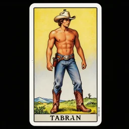 a beautiful dramatic tarot card of a shirtless handsome cowboy. he is wearing cowboy boots. he has a thick build dadbod. homoerotic, art deco, art nouveau. by mark maggiori, by gaston bussiere, by bill ward. trending on artstation