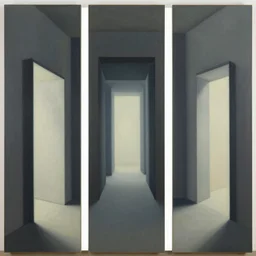 centralized triptych style painting showing walls with portals to another, sharp focus, world, digital, detailed, elegant artist greg rutkowski