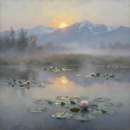 impressionism painting of a pond of water lily on a foggy morning, sun low on horizon through snow capped mountains, soft light, misty