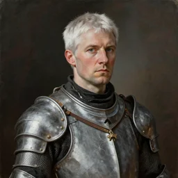 portrait painting of a cockh man with short white hair wearing a grey pelt gambeson, late 2 0 s. sharp focus, award - winning, trending on artstation, masterpiece, highly detailed, intricate. art by james ryman