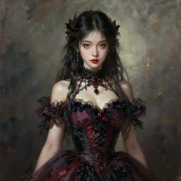 a detailed oil painting of beautiful girl, gorgeous body, gorgeous face, cute chinese, beautiful eyes, wearing gorgeous gothic dress, character design, cinematic, mist, unreal engine, fantasy