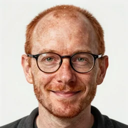 portrait of a middle age man balding red hair and freckles and wearing glasses with green eyes, friendly, 8 k, highly detailed, digital painting, artstation, sharp focus, illustration