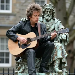 bob dylan playing his guitar whilst sitting on a statue of king alfred, photograph