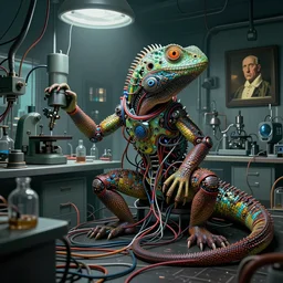 a lizardman in symbiosis with technology, wires, in a laboratory, dorohedoro vibes, in the style of beksinski, parts by edward hopper, parts by michael sowa, parts by yue minjun, intricate composition, by caravaggio, highly quality, highly detailed, masterpiece, light, artstation, 4 k