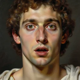 portrait of mindless ancient greek man with big eyes and sharp nose and open mouth. fine detail. artistic painting by lurid