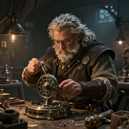 An epic fantasy comic book style portrait painting of a an old tinker fat man working on a device in his workshop in the style of the wheel of time, unreal 5, DAZ, hyperrealistic, octane render, cosplay, RPG portrait, dynamic lighting