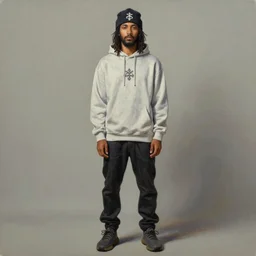 a full body lookbook portrait of modern - day jesus wearing virgil abloh streetwear collection by nicola samori, hat and hoodie, detailed, oil painting, hyper - realistic, 8 k, yeezy collection
