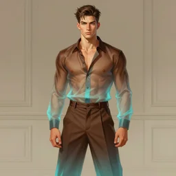full figure portrait of a single beautiful young fit man, dressed of modern transparent fluent shirt and large pants, by greg rutkowski and alphonse mucha, d & d character, gradient brown to cyan, interior design background, highly detailed portrait, digital painting, artstation, concept art, smooth, sharp focus ilustration, artstation hq