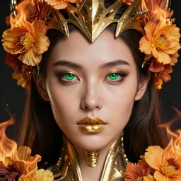 extremely close up front portrait of a beautiful cyborg warrior woman, green eyes, gold lips, entwined in lush flowers and fire, crown of fire, highly detailed, volumetric lighting, intricate time machine, decadent, highly detailed, octane render, concept art, smooth, sharp focus, hyper - realistic