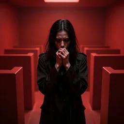 a dark mind in a nightmare is aware of betrayal sadness and despondency of a schizophrenic in a red hyper maze room 8K