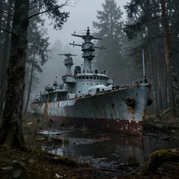 abandoned soviet warship in the woods, around everlasting darkness, puddles of water, atmospheric, wide shot, high definition, high detail, foreboding, artstation, foggy