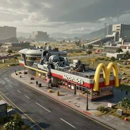 an intricate concept art of a mcdonalds shop beside the road in a post - apocalyptic world,, sci - fi film color palette, concept art, environment design, vfx, unreal engine 5, artstation, deviantart, octane render, cinematic,