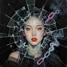japaneese nymphomaniac, mixed media collage, assemblage, photomontage, minimalist, contemporary art, punk art, photorealistic, portrait, expressionism, masterpiece, dynamic composition, spectacular quality, intricate oil details, shattered glass texture, neon, chains, smoke, solid black background, contrasted, harmonic colors