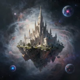 a concept matte painting of a singular floating island castle, levitating across interstellar space in a misty pearlescent nebula by ross tran situated in a starry expanse of bioluminescent cosmic worlds by beksinski and beeple, flying citadel with towers, trending on artstation.