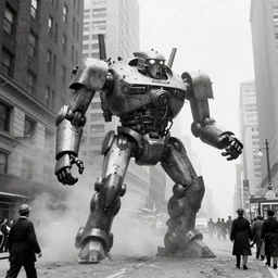 old black and white photo, 1 9 1 3, depicting a dieselpunk giant robot mech rampaging through the bustling streets of new york city, historical record, volumetric fog