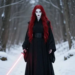 a beautiful female sith warrior with smooth porcelain white skin and long flowing red hair, wearing black imperial sith robes with dark red highlights, holding lightsaber, outdoors in the forest in winter, snow covering the ground, dark gothic aesthetic, full body portrait, centered composition, detailed