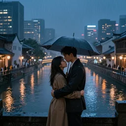 two lovers embracing in the rain at night in a modern chinese city next to a canal, high quality digital art, concept art, trending on arstation, dreamy