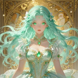 Portrait of magical girl, dreamy and ethereal, mint green eyes, peaceful expression, ornate frilly dress, fantasy, intricate, elegant, beautiful, digital art, dynamic lighting, golden ratio, highly detailed, digital painting, trending on artstation, concept art, smooth, sharp focus, illustration, photo realistic, art by artgerm and greg rutkowski and alphonse mucha, 4K