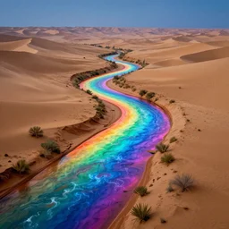 a rainbow colored glowing river flowing from desert, wide angle view of 24 mm lens, vertical landscape, digital art style, highly detailed