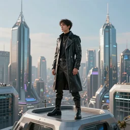 masculine man dressed in stylish futuristic clothing, standing on the top of building overseeing the city skyline of a futuristic solarpunk city, 4 k - hd photo