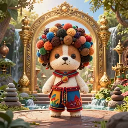 wide angle dynamic portrait of a chibbi dogon priest with a colorful afro in an african zen garden with a waterfall! and a golden ornate steampunk portal, amigurumi by mark ryden and todd schorr and mark davis and zdislaw beksinski in a surreal lowbrow style, digital paint, macrophotography, felt texture, matte paint, vivid synthwave colors, breathtaking landscape