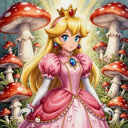 the portrait of an absurdly beautiful, graceful, elegant, sophisticated, fashionable princess peach made of red and white spotted mushrooms and white petals with tears, an ultrafine hyperdetailed illustration by kim jung gi, irakli nadar, intricate linework, bright colors, octopath traveler, final fantasy, unreal engine 5 highly rendered, global illumination, radiant light, detailed and intricate environment