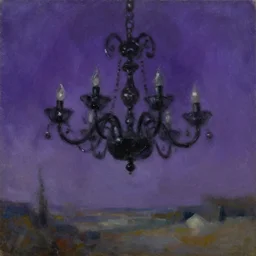 oil painting of a monstrous black chandelier swinging and moving violently to the foreground of the painting, dynamic movement, deep purple background, chiaroscuro, automatism, tachisme, violence, heavy impasto technique, painterly, dynamism, iridescence, iridescent gradient, gaussian blur, desaturated, palette knife, vintage landscape
