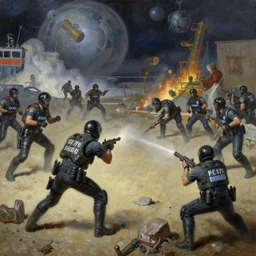 detailed oil painting of space gangsters fighting over territory, police are too busy with other things to pay attention to them by peter elson