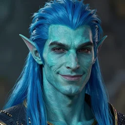 a face portrait of a humanoid male in his 3 0 s with turquois colored skin, slight smile, chiseled jawline, triton race from d & d, gills on his neck, handsome, long blue hair, smiling, style by donato giancola, wayne reynolds, jeff easley dramatic light, high detail, cinematic lighting, artstation, dungeons and dragons