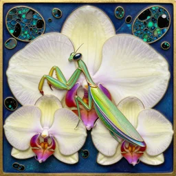 majestic colorful orchid mantis enamel by leon bakst and yoshitaka amano, cloisonne, iridescent, black opals, beautiful hyperdetailed art nouveau orchids, ultrasharp photorealistic octane render