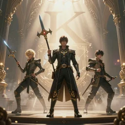 Cinematic stills from the Project K and Seraph of the End crossover, full-body, dynamic poses, ornate, cinematic lighting, God rays, volumetric fog, bloom, by Nebezial, by Artgerm, by WLOP, by Ross Tran, by Sakimichan, fantasy, portfolio illustration, highly detailed, trending on Artstation, CGsociety, HQ, 8k, 35mm lens, f2.8, Bokeh,