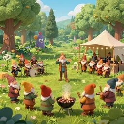 a beatiful dwarven festival in 1917 in a fertile green park with surreal elven nature, a gnome rock band concert and dwarven BBQ