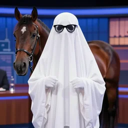 portrait of a sheet ghost wearing glasses on a late night chat show, with a horse in a suit