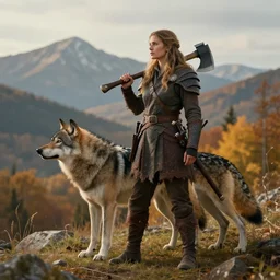 a warrior resting axe on her shoulder standing next to a wolf, female, looking onto the horizon, fall, mountain landscape, portrait by magali villeneuve and ames jean and artgerm and greg rutkowski, 4 k, artstation, realistic, cinematic composition, d & d