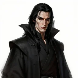 portrait of a man by greg rutkowski, he looks like a vampire, long black messy hair, very tall and slender, star wars expanded universe, wearing black robes, he is about 3 0 years old, highly detailed portrait, digital painting, artstation, concept art, smooth, sharp foccus ilustration, artstation hq