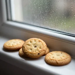 cookies next to a window on a rainy day, sharp focus