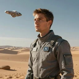 a young man in a gray protective suit on a desert planet watching spaceships land in the distance, photorealistic