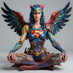 a portrait photograph of a meditating fierce krysten ritter as a colorful harpy bird super hero with mutated sclaed skin. she has many skin grafts and cyborg body modifications. by donato giancola, hans holbein, walton ford, gaston bussiere, peter mohrbacher and brian froud. 8 k, cgsociety